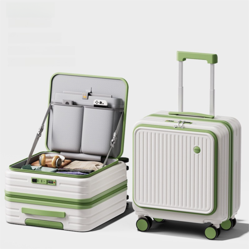 Green and white Front Opening Carry On Luggage 18 Inch - Lightweight Hard
