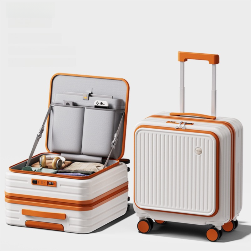 Orange and white Front Opening Carry On Luggage 18 Inch - Lightweight Hard