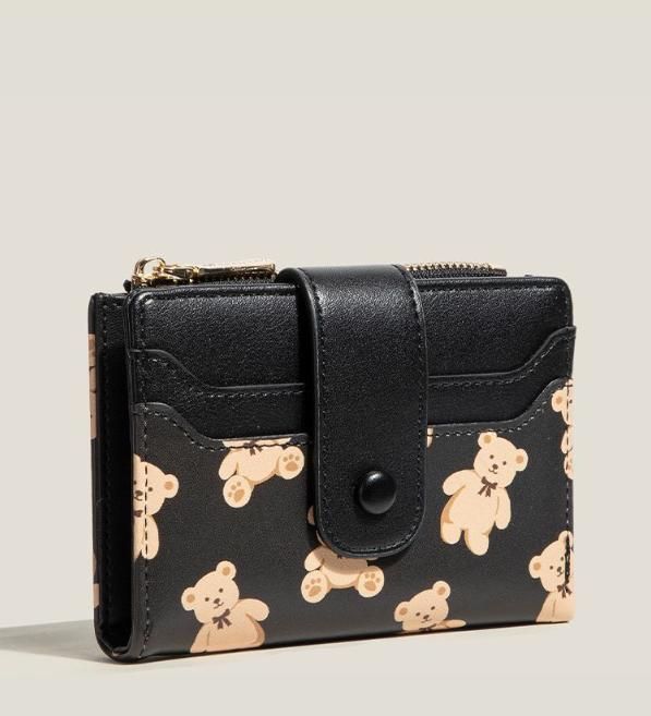 Black Cute Bear Print Bifold Wallet - PU Leather & Polyester Card Holder with