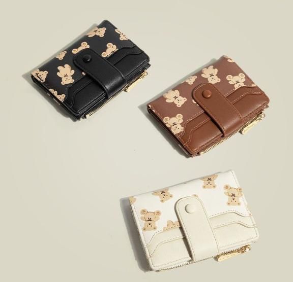 Black Cute Bear Print Bifold Wallet - PU Leather & Polyester Card Holder with view 2
