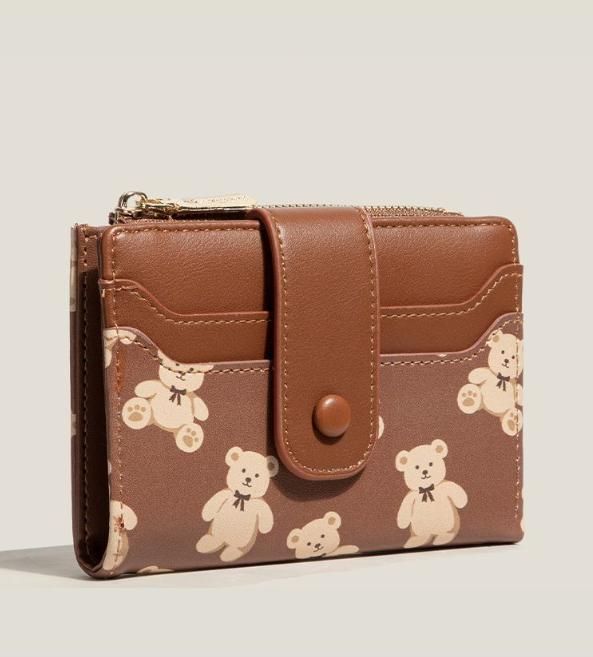 Brown Cute Bear Print Bifold Wallet - PU Leather & Polyester Card Holder with