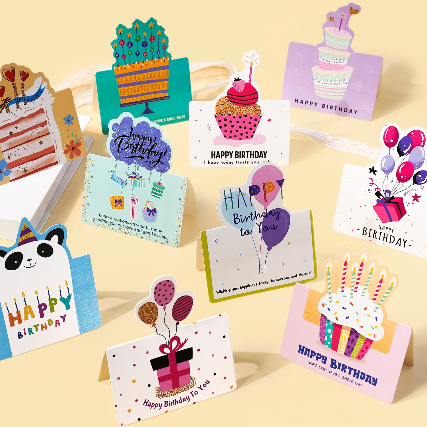 3 Sets 3D Pop-up Birthday Card Set - 3*10pcs Cartoon Panda/Cake/Balloon