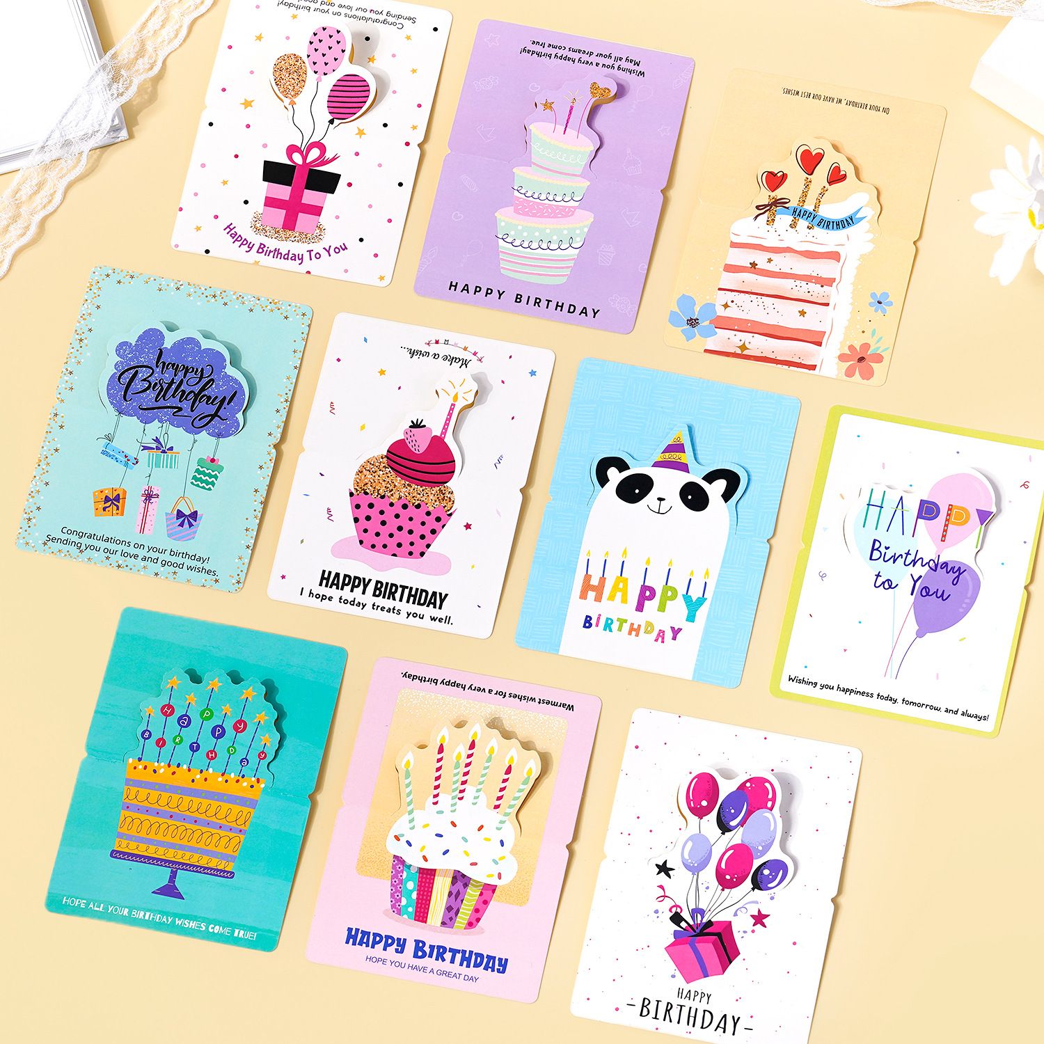 3 Sets 3D Pop-up Birthday Card Set - 3*10pcs Cartoon Panda/Cake/Balloon view 2