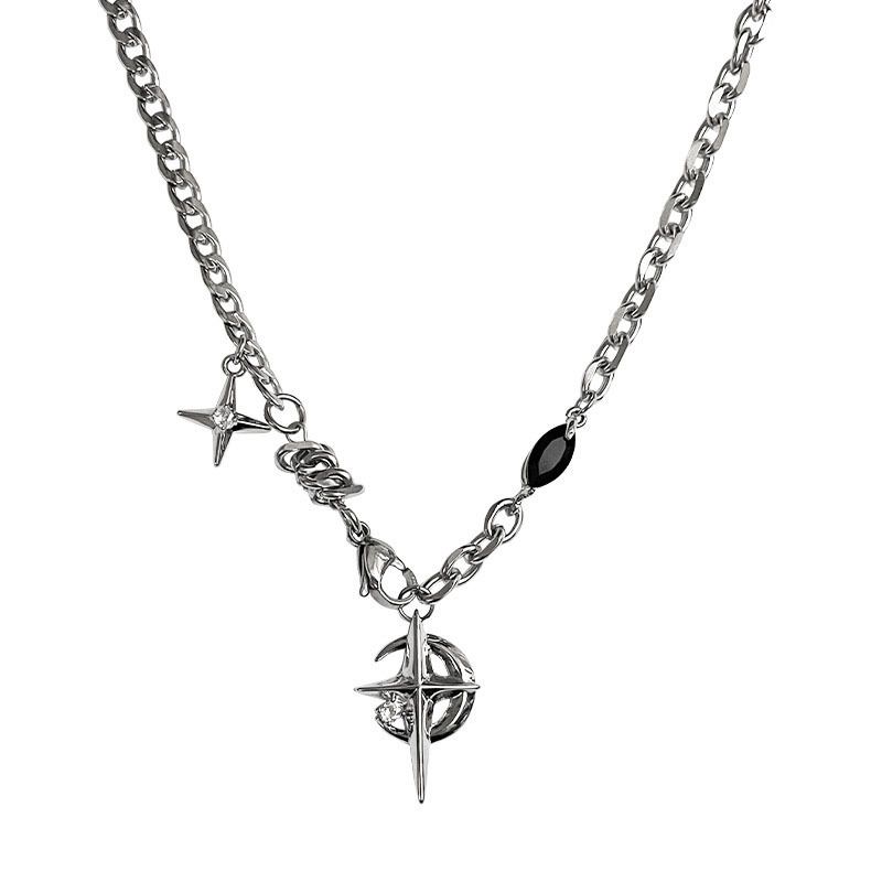 Silver Hip-hop style titanium steel black gemstone spliced ​​star cross necklace