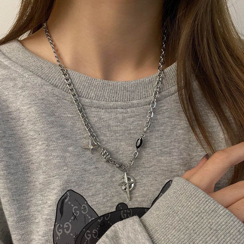 Silver Hip-hop style titanium steel black gemstone spliced ​​star cross necklace view 3