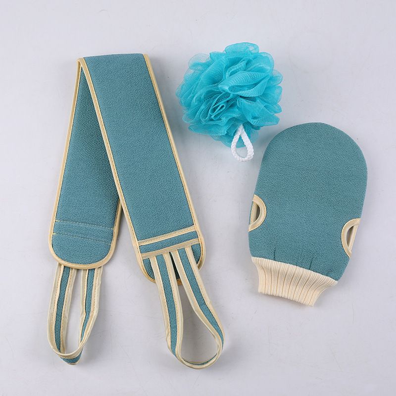 Blue 3-Piece Exfoliating Bath Set with Long-Handle Back Scrubber