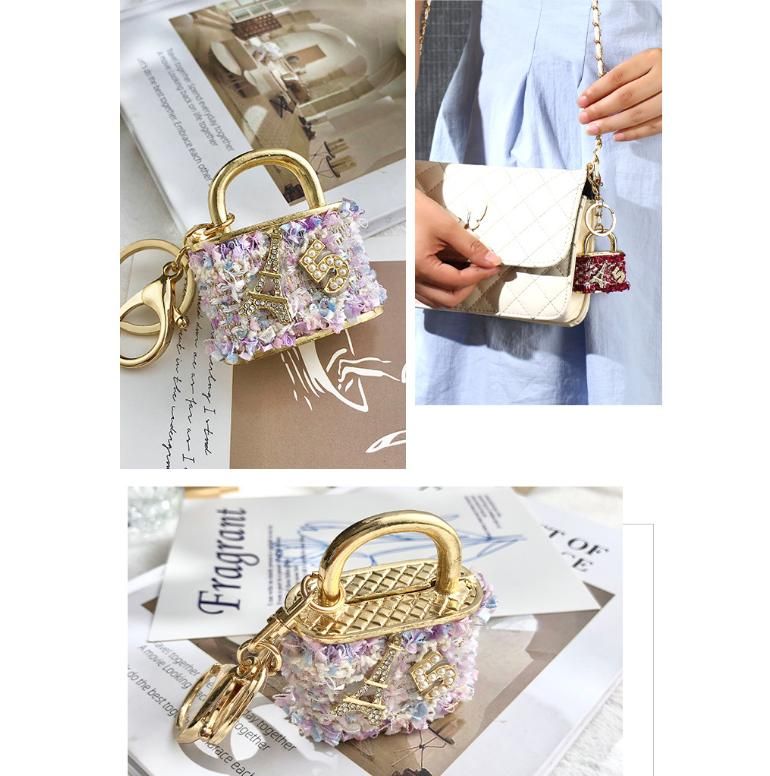 Beige Sparkling Rhinestone Lock Keychain - 3D Mini Handbag Charm with Alloy & view 4