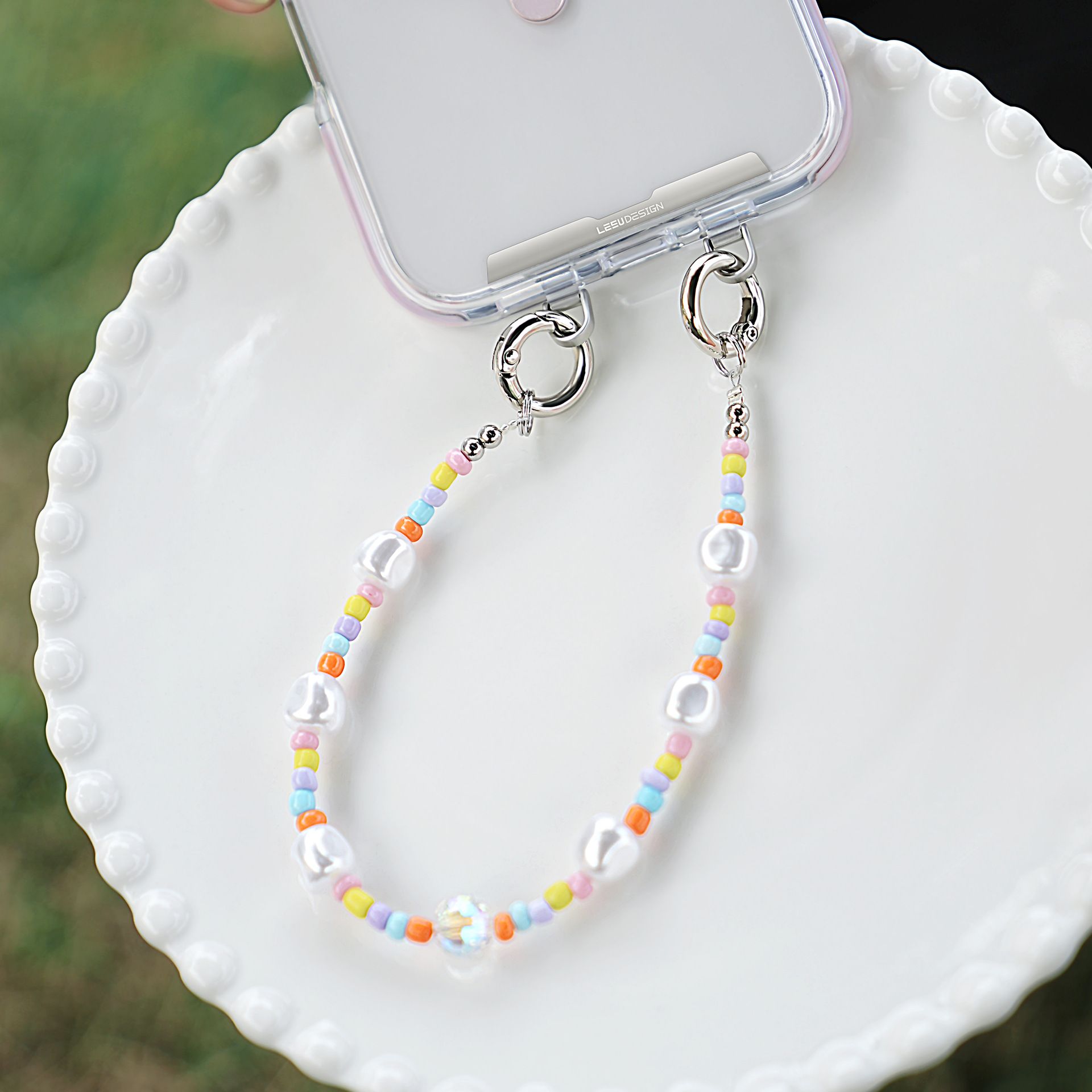 PFSKA18 Trendy Double-Clasp Beaded Phone Wrist Strap - Colorful Acrylic & view 4