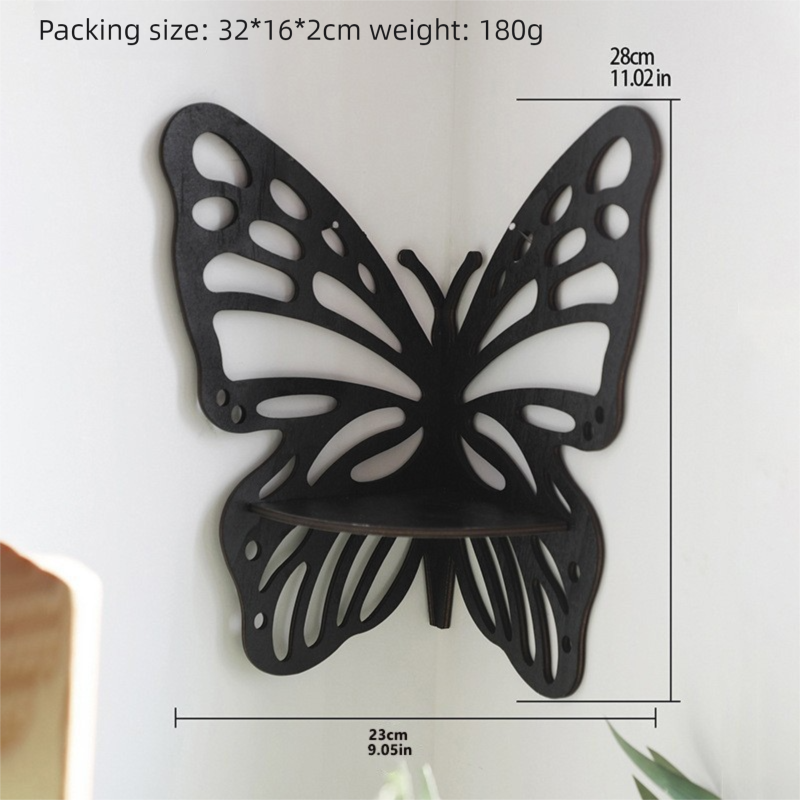 Black Wooden Butterfly Wall Shelf - Hollow-Out Decorative Corner Storage Rack view 2