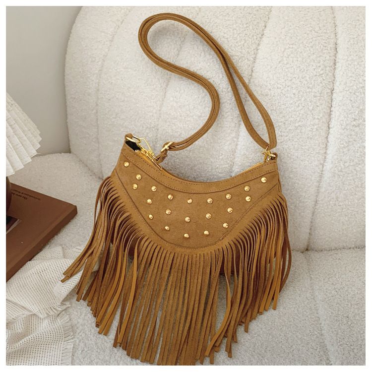 Khaki Vintage Boho Fringe Crossbody Bag - Retro Studded PU Leather Shoulder