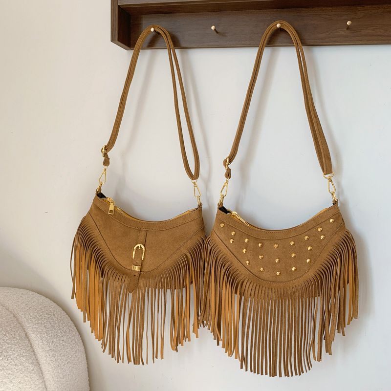 Khaki Vintage Boho Fringe Crossbody Bag - Retro Studded PU Leather Shoulder view 2
