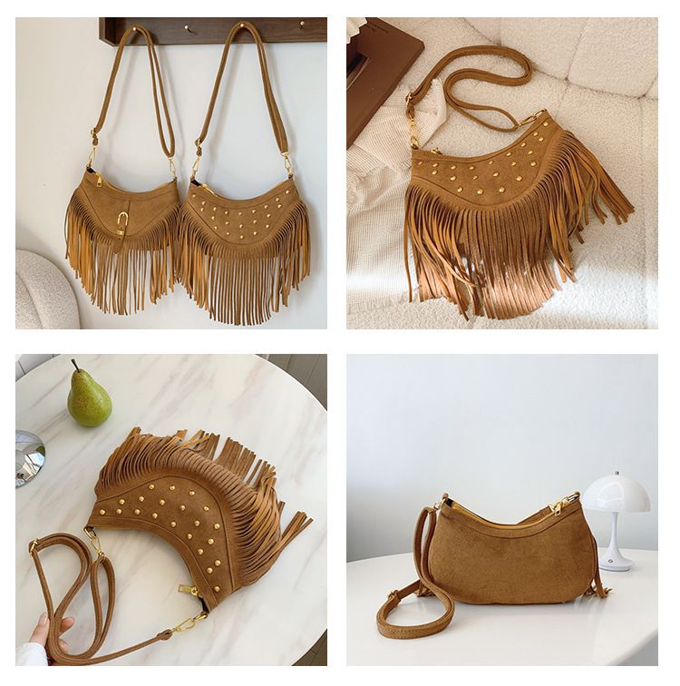 Khaki Vintage Boho Fringe Crossbody Bag - Retro Studded PU Leather Shoulder view 3