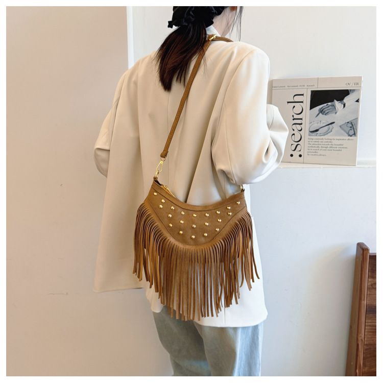 Khaki Vintage Boho Fringe Crossbody Bag - Retro Studded PU Leather Shoulder view 4
