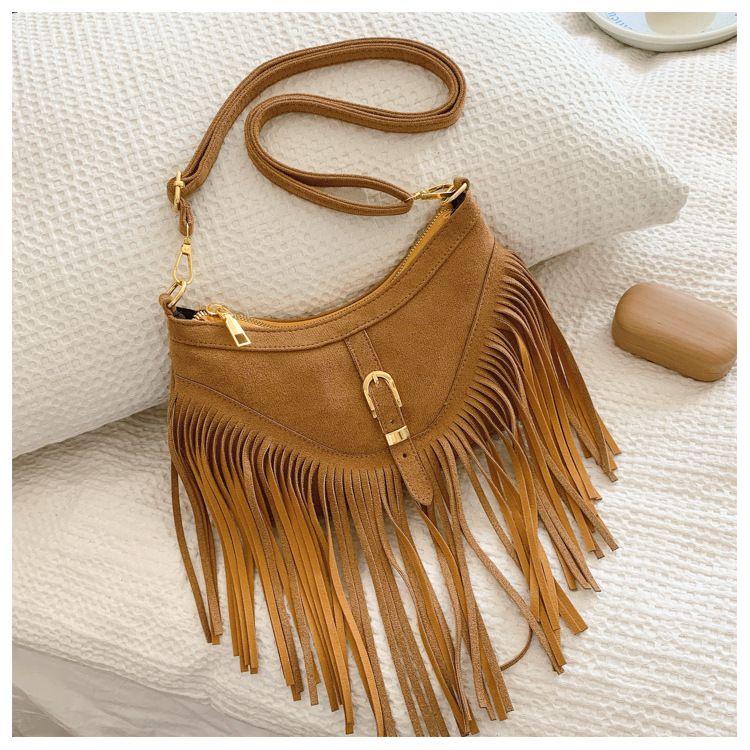 Khaki Vintage Boho Fringe Crossbody Bag - Retro Locking design PU Leather