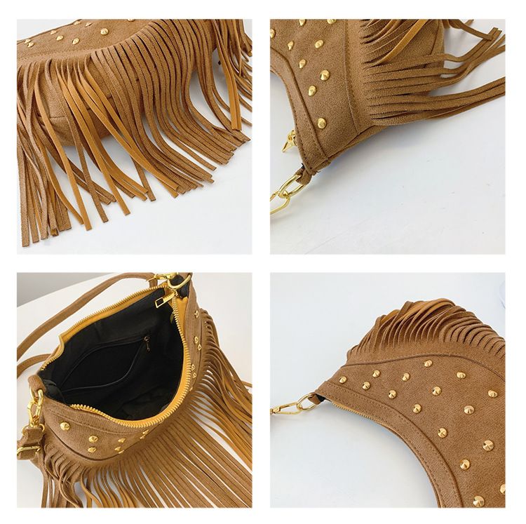 Khaki Vintage Boho Fringe Crossbody Bag - Retro Locking design PU Leather view 3