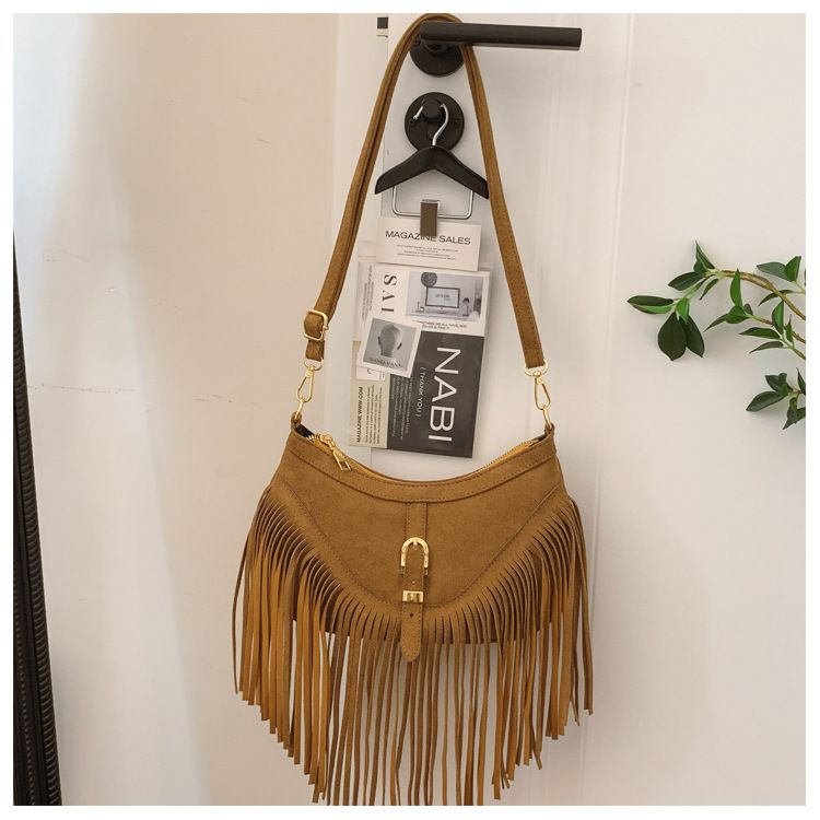 Khaki Vintage Boho Fringe Crossbody Bag - Retro Locking design PU Leather view 6