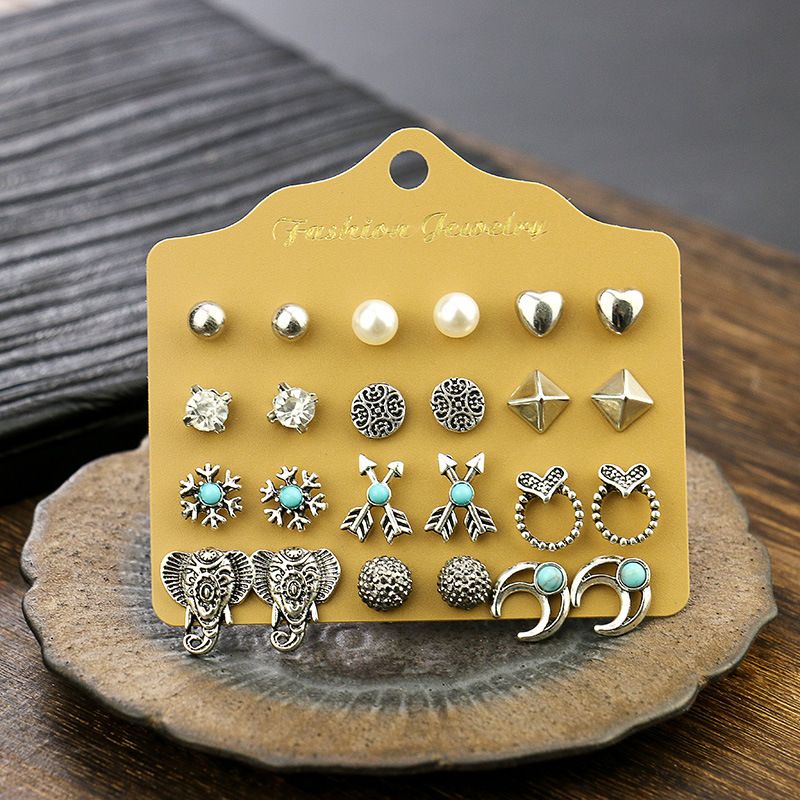 Alloy Stud Earring Set - 12 Pairs with Heart, Leaf & Turquoise Designs for Women view 3