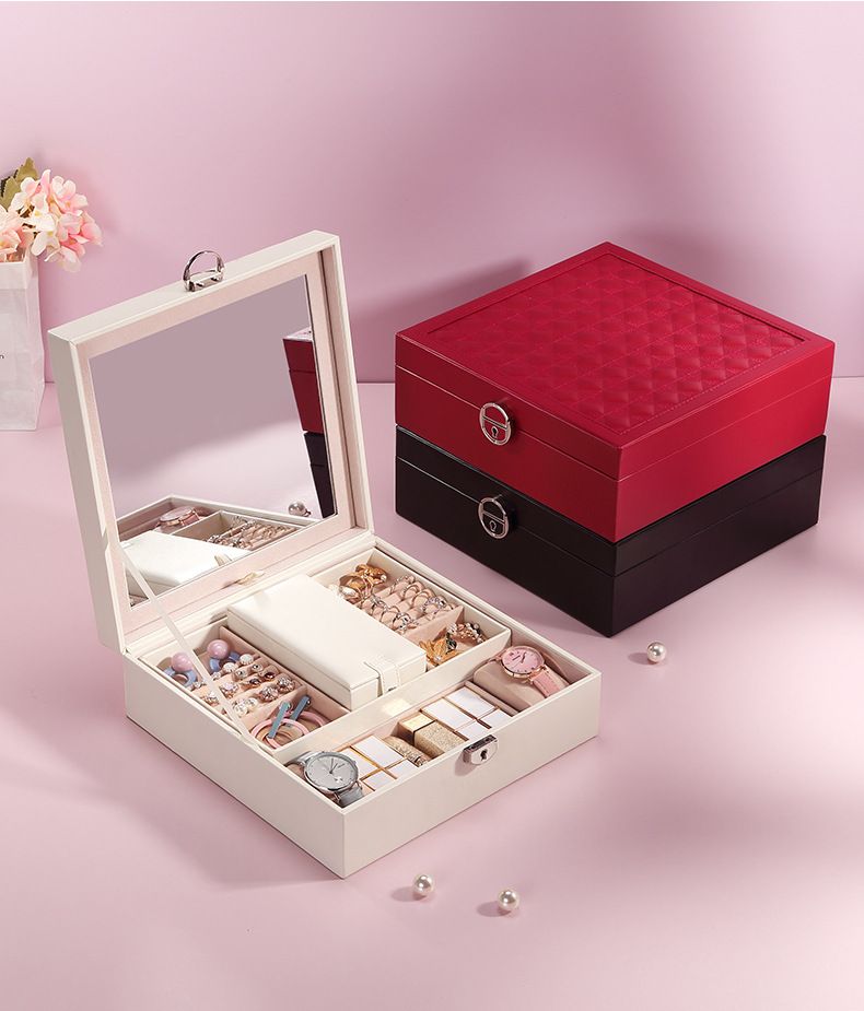 Black Large PU Leather Jewelry Box with Mirror & Lock - Velvet Lined Organizer view 2