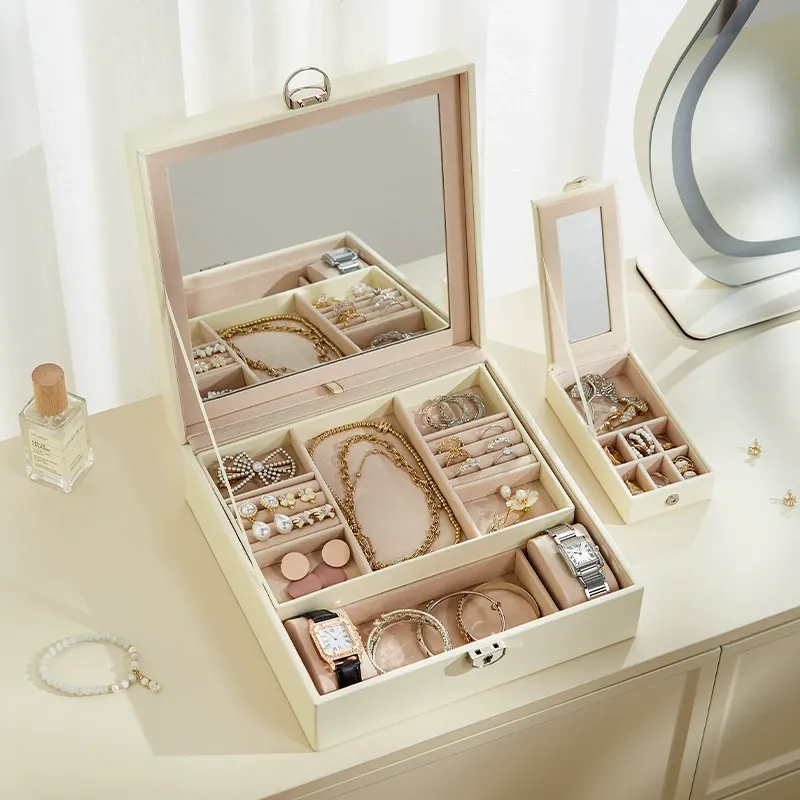 White Large PU Leather Jewelry Box with Mirror & Lock - Velvet Lined Organizer view 3