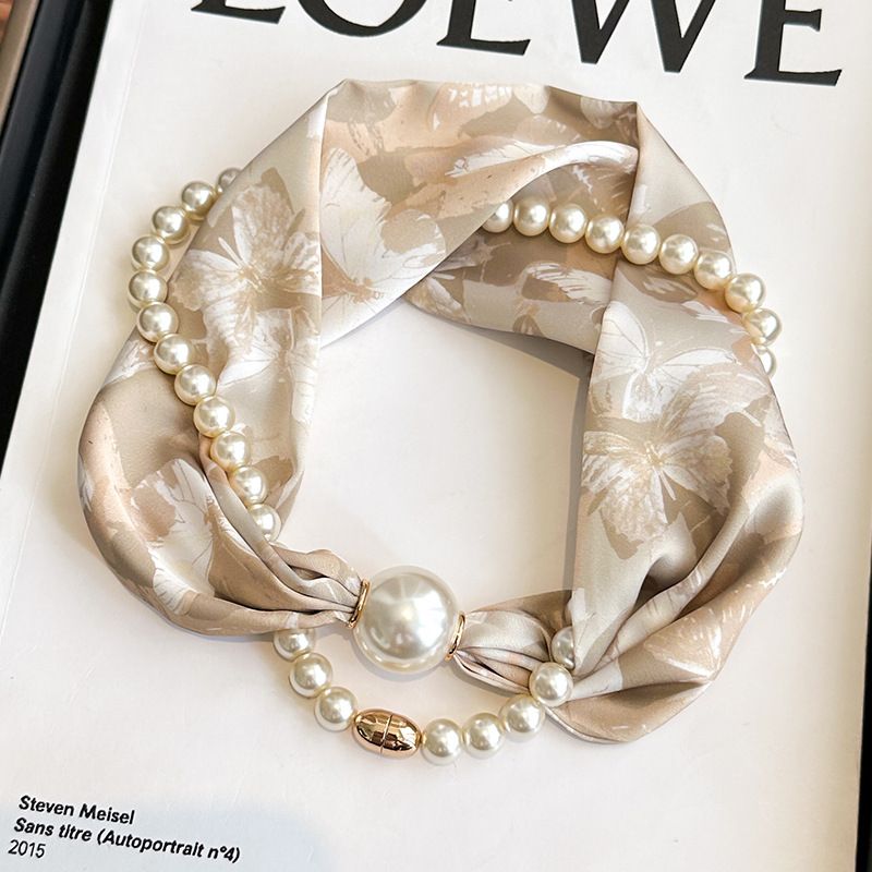 Beige 2-in-1 Magnetic Pearl Scarf & Necklace Set - Floral Print Polyester Neck