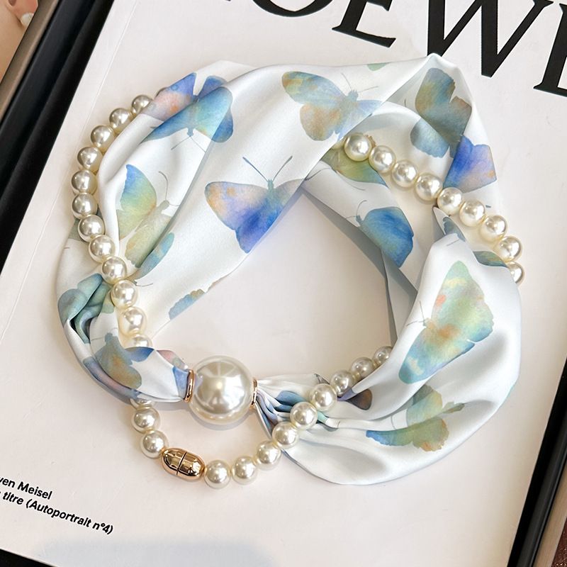 Blue Butterfly 2-in-1 Magnetic Pearl Scarf & Necklace Set - Floral Print