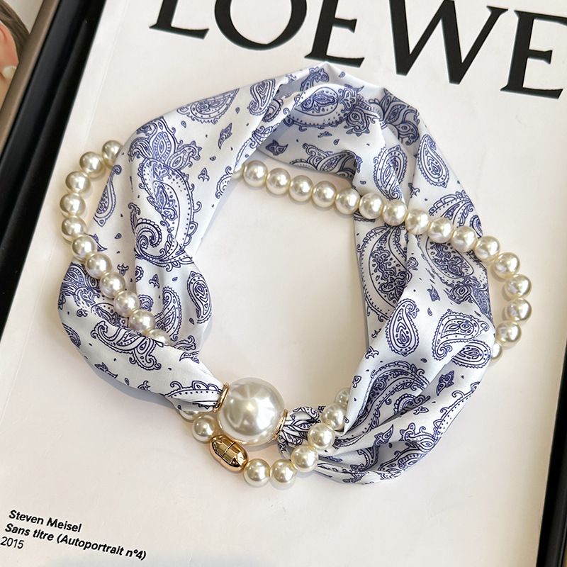 Blue porcelain pattern 2-in-1 Magnetic Pearl Scarf & Necklace Set - Floral