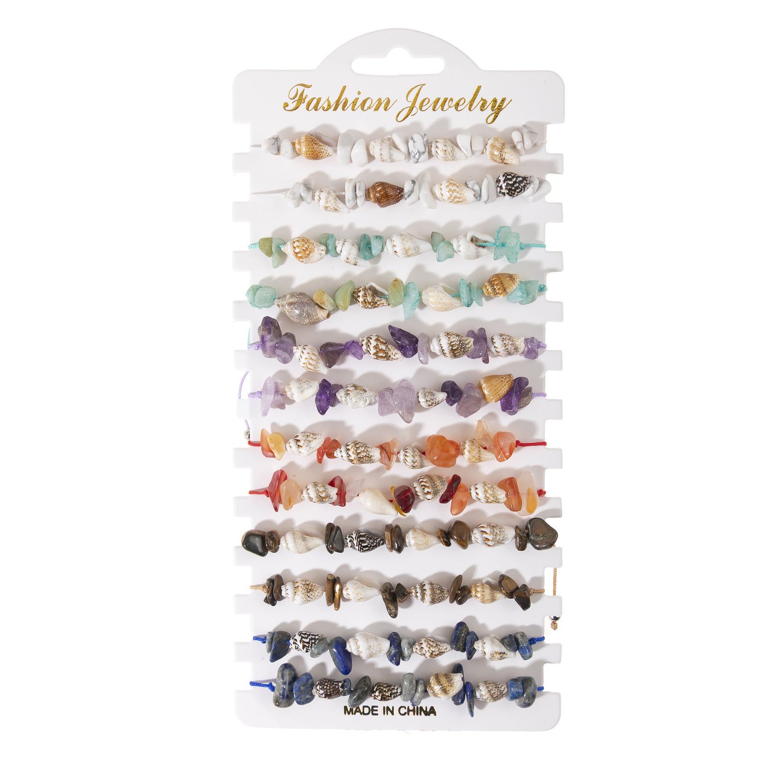 Boho Braided Shell & Crystal Bracelet Set – 12-Piece Adjustable Woven Jewelry view 5