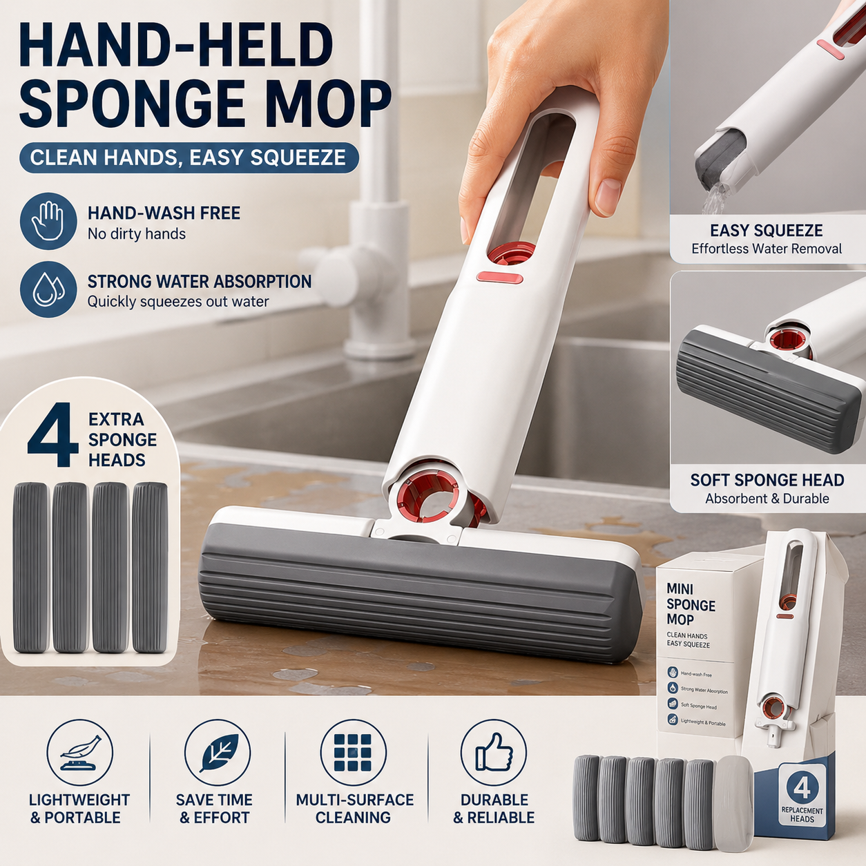 Mini Handheld Sponge Mop – Self-Squeezing