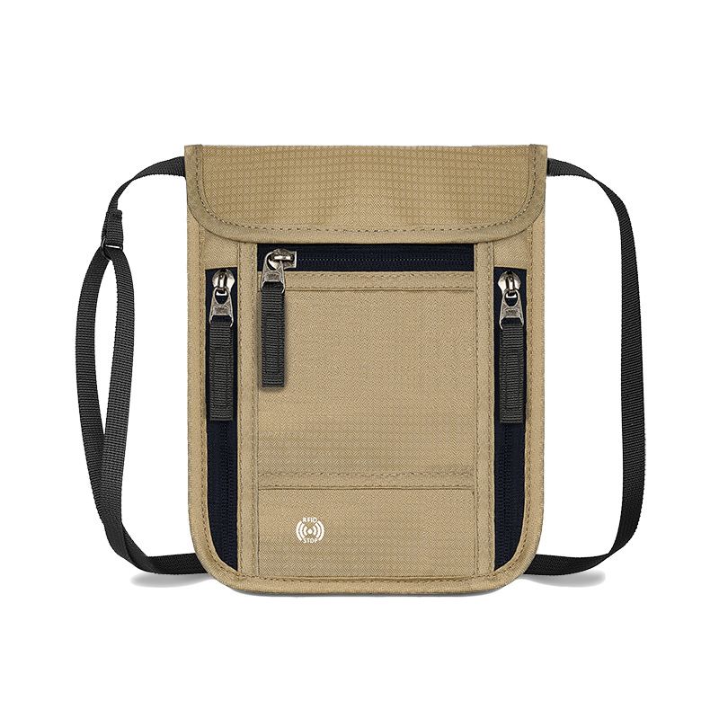 Khaki RFID Neck Passport Holder - 16.3 x 22.8 cm Lightweight Nylon and