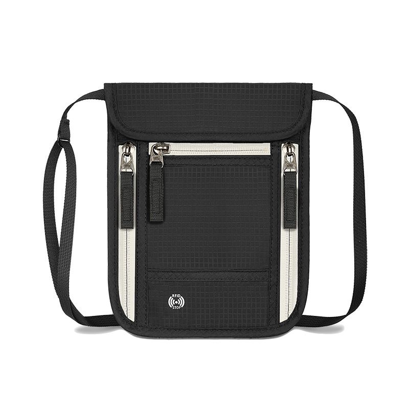 Black and Grey RFID Neck Passport Holder - 16.3 x 22.8 cm Lightweight Nylon