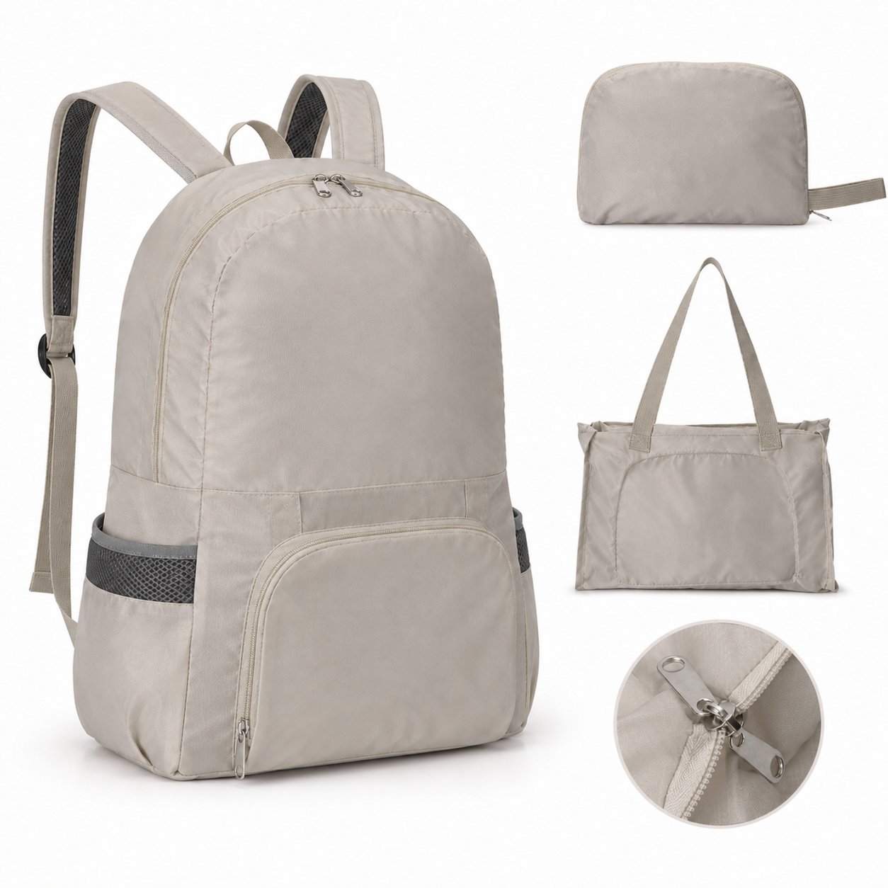 Beige Lightweight Foldable Backpack - Waterproof Polyester 3 Way Backpack and