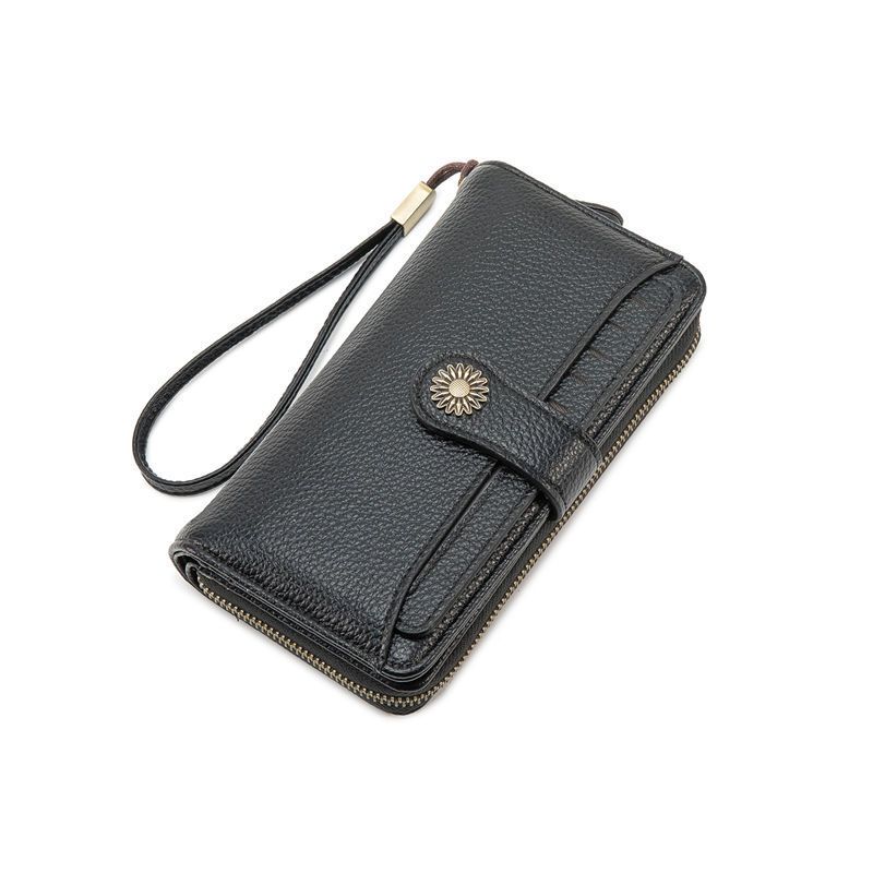 Black Women's Long Zipper Wallet with Wristlet – Multi-Card Slots