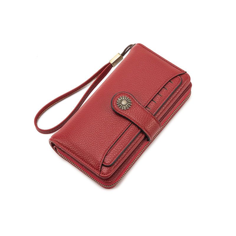 Dark Red Women's Long Zipper Wallet with Wristlet – Multi-Card Slots