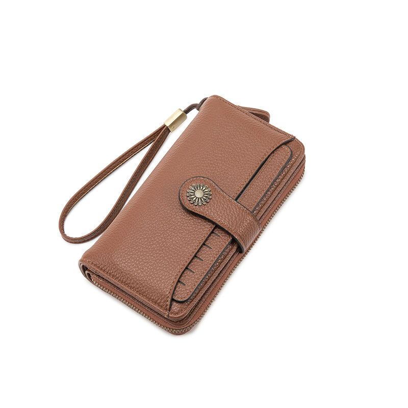 Brown Women's Long Zipper Wallet with Wristlet – Multi-Card Slots