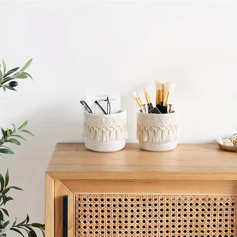 Beige Boho Cotton Rope Tassel Storage Baskets – Set of 2 Round Woven view 4