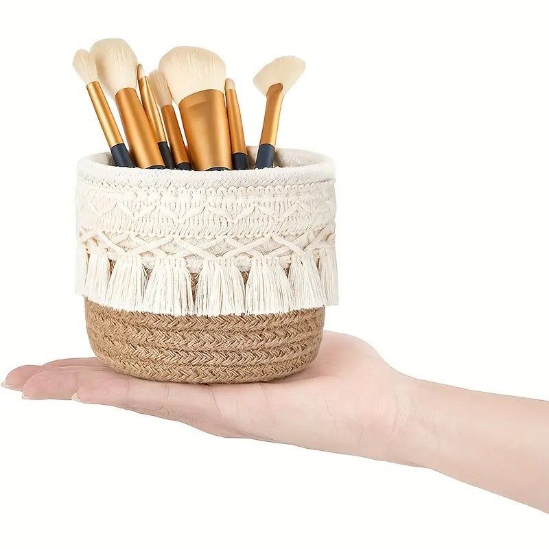 Beige Boho Cotton Rope Tassel Storage Baskets – Set of 2 Round Woven view 5