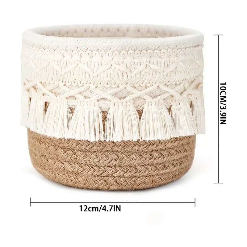 Beige Boho Cotton Rope Tassel Storage Baskets – Set of 2 Round Woven view 6