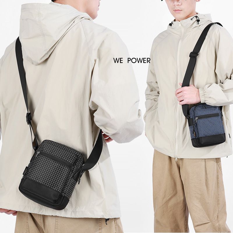 Khaki Unisex Plaid Nylon Crossbody Bag – Lightweight Multi-Pocket Shoulder Bag view 2