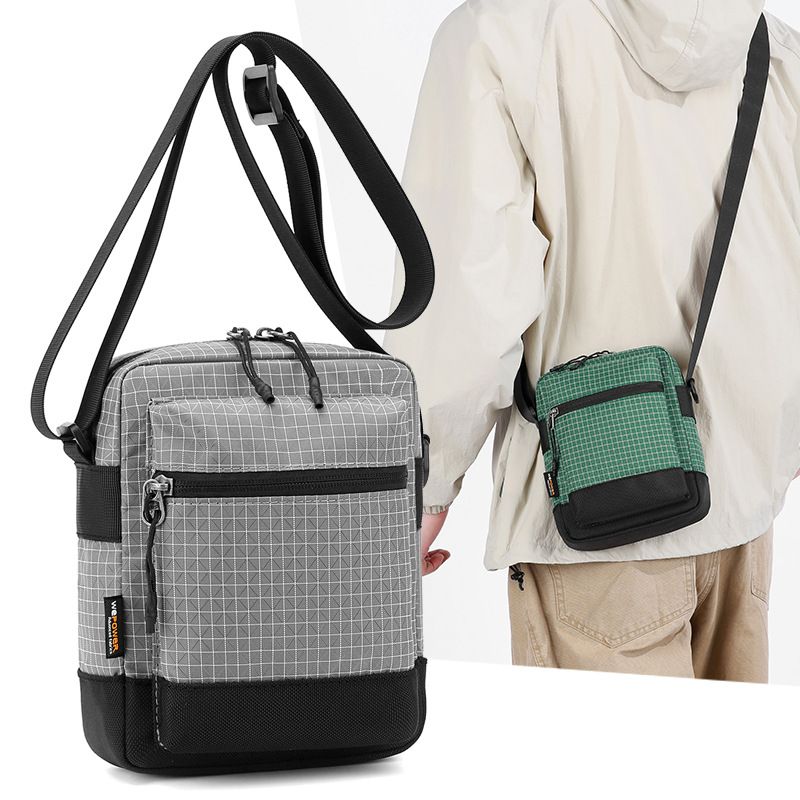 Khaki Unisex Plaid Nylon Crossbody Bag – Lightweight Multi-Pocket Shoulder Bag view 3