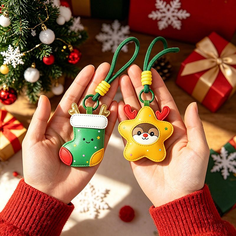 2-Piece Christmas stockings Shaped PU Leather Keychains – Cute Holiday Bag view 3