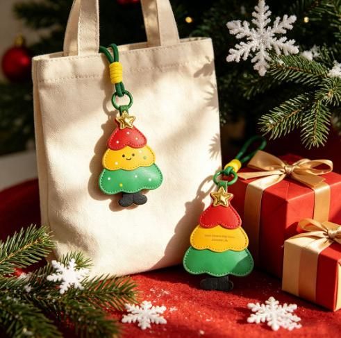 4-piece set Christmas theme Shaped PU Leather Keychains – Cute Holiday Bag view 4