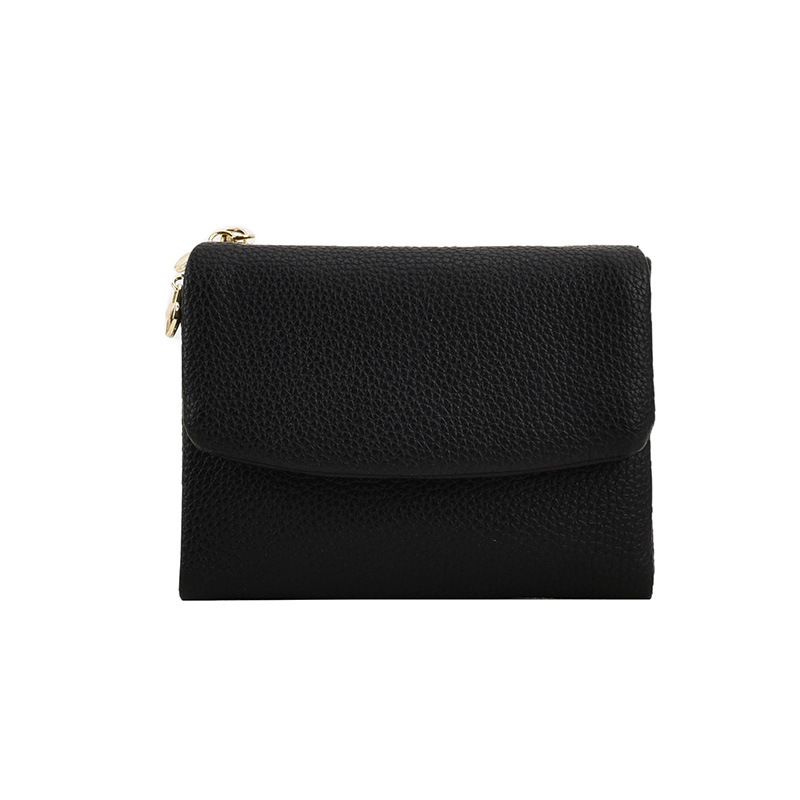 Black Women's Compact Lychee Grain Wallet – PU Leather Foldable Card Holder