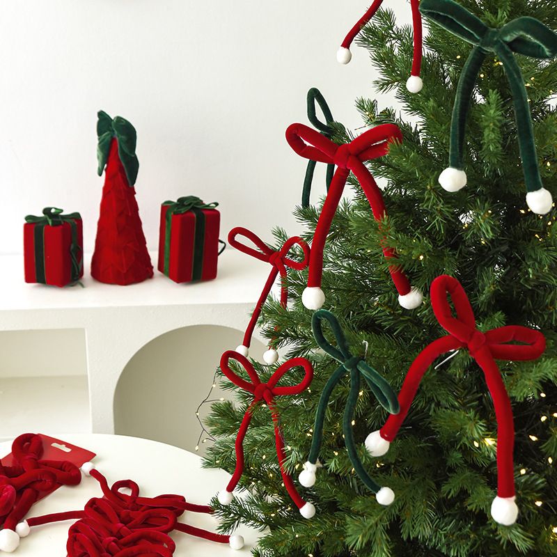 Christmas Tree Bow Ornaments 6 Pack - Green Velvet Ribbon Hanging Decorations view 3