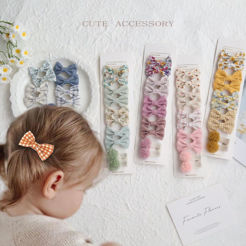 Green A8 10-Piece Girls' Fabric Bow Hair Clip Set – Plaid & Floral Alligator view 6