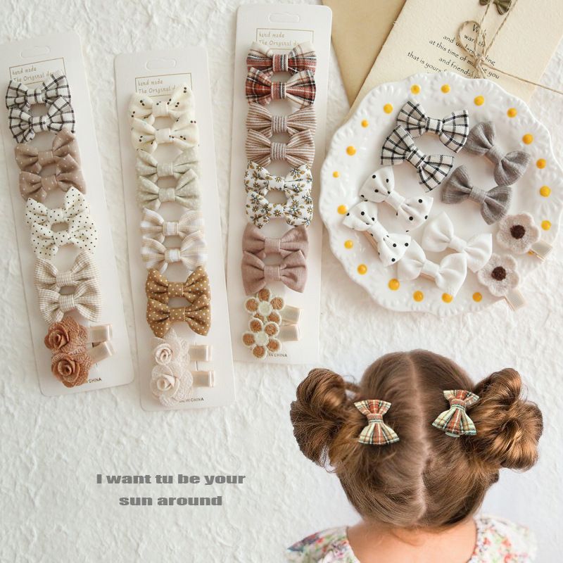 Blue A9 10-Piece Girls' Fabric Bow Hair Clip Set – Plaid & Floral Alligator view 2