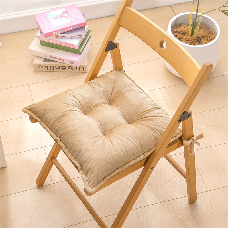 Khaki Plush Tufted Chair Cushion – 45x45cm Square Seat Pad with Ties for — image 1