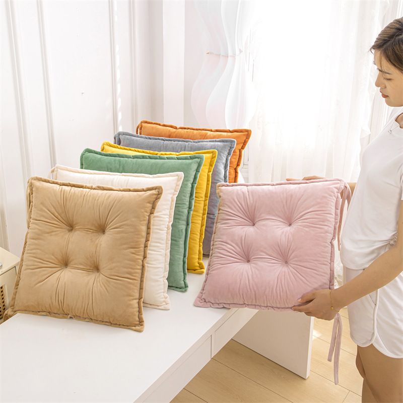 Orange Plush Tufted Chair Cushion – 45x45cm Square Seat Pad with Ties for view 2