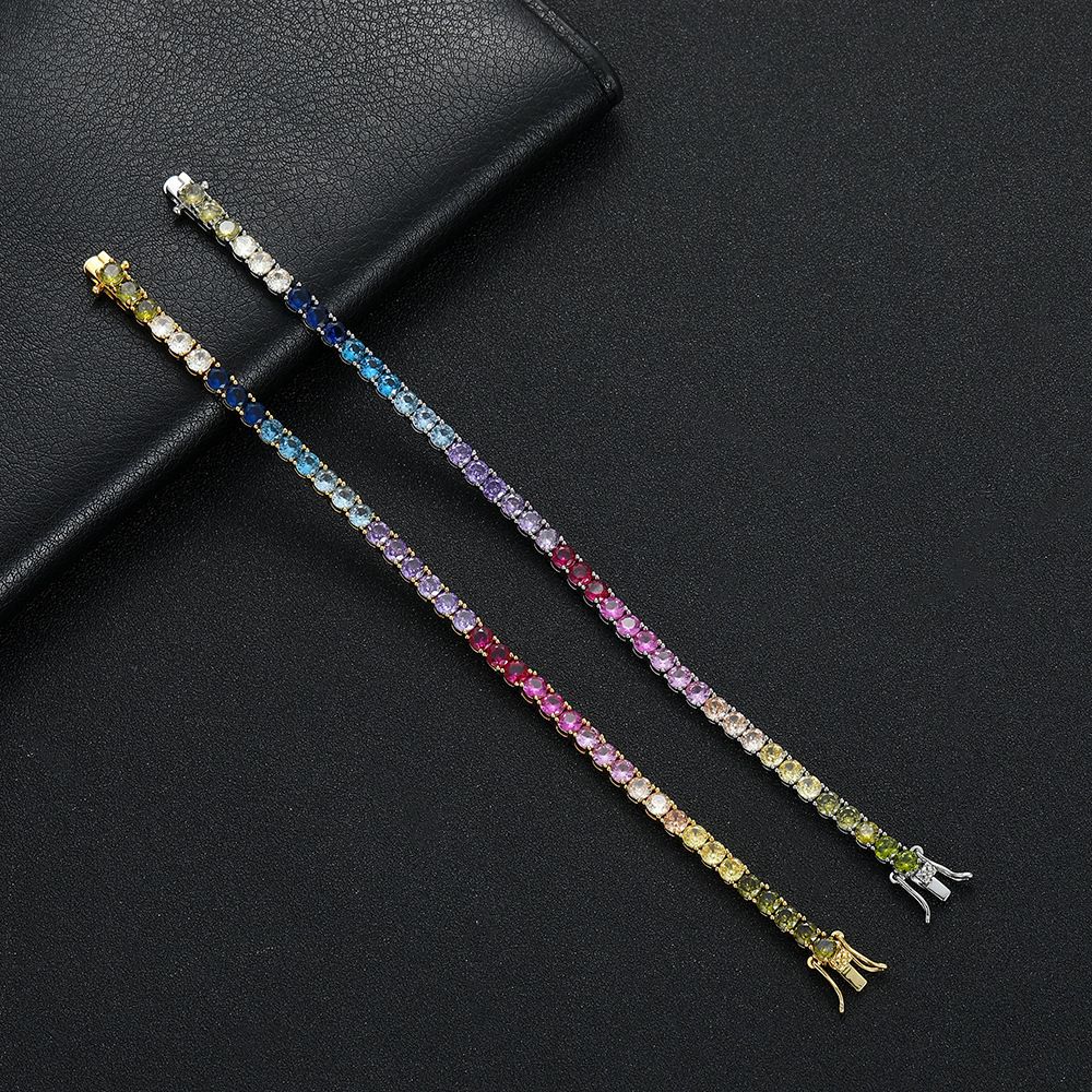 Silver Rainbow Zircon Tennis Bracelet – 4mm Single Row Hip Hop Jewelry with view 4
