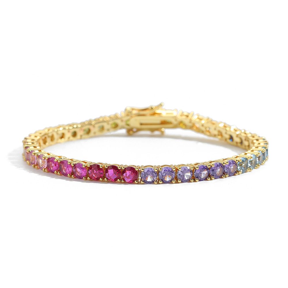 Silver Rainbow Zircon Tennis Bracelet – 4mm Single Row Hip Hop Jewelry with view 5