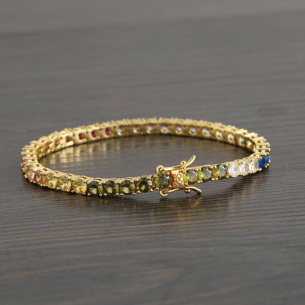 Gold Rainbow Zircon Tennis Bracelet – 4mm Single Row Hip Hop Jewelry with view 2